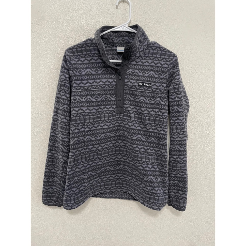 Columbia Fleece Pullover Womens S Gray Excellent Geometric Snap Mock Neck Jacket